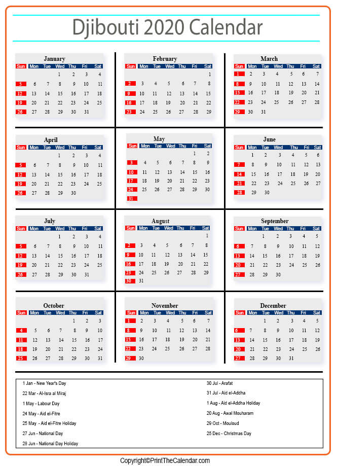 Djibouti Calendar 2020